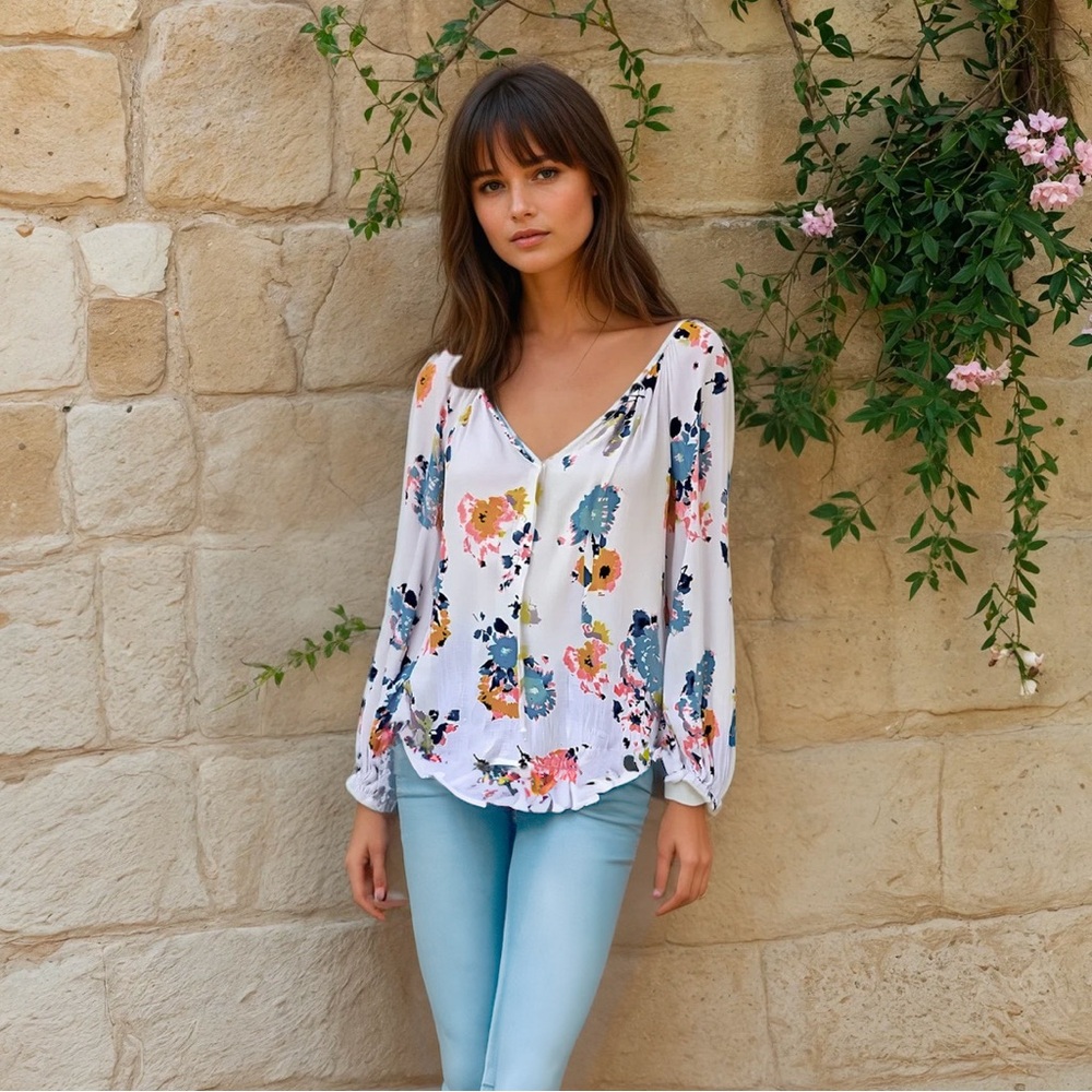 Lucky Brand Peasant Boho Blouse Floral Keyhole Flowy Spring Top | Size S